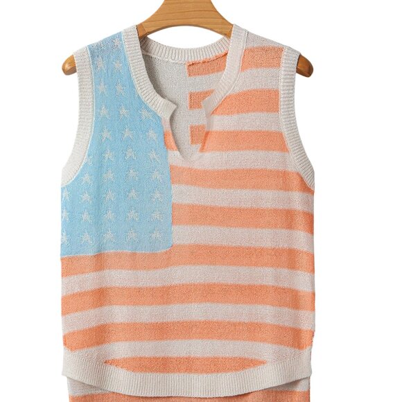 B270 Beige USA Flag Notched Neckline Loose Knit Vest - Picture 9 of 15